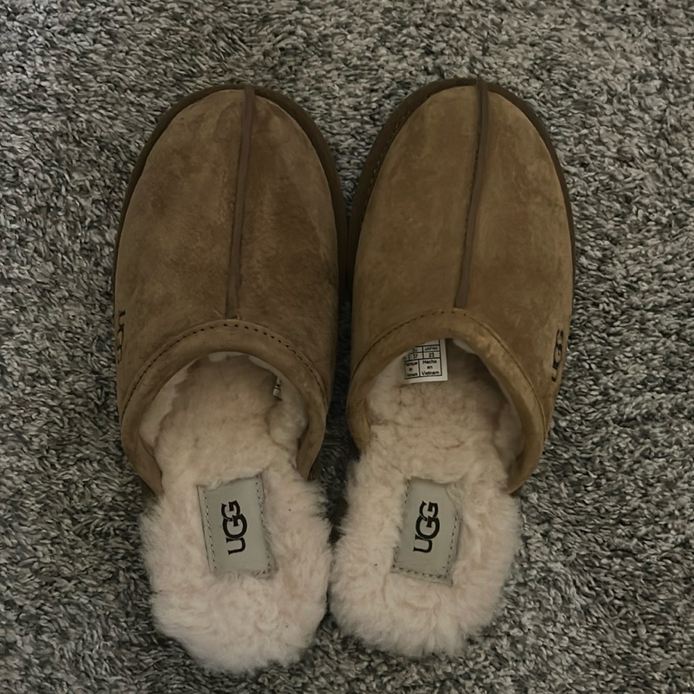 UGG Tan Suede Mules with Cream Fur Lining